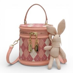 Chic Argyle Bucket Bag w/ Cute Matching Bunny Charm & Adjustable Strap - Pink